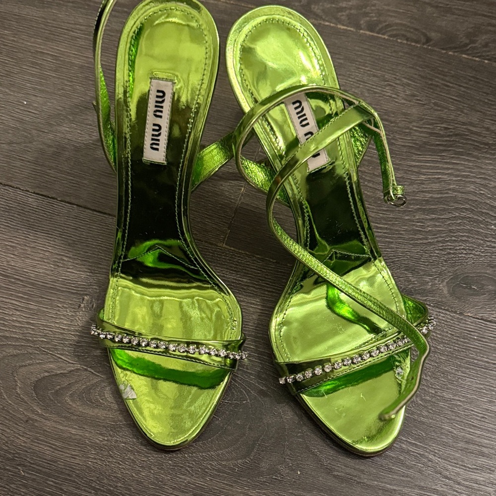 Miu Miu Metallic Green Heels with Rhinestone Straps